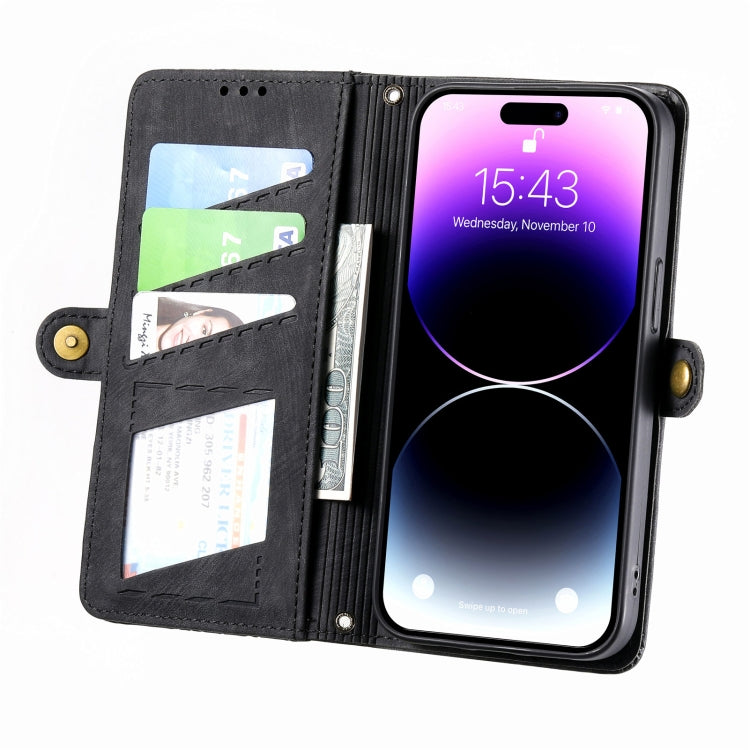 For iPhone 13 Pro Max Geometric Zipper Wallet Side Buckle Leather Phone Case(Black)