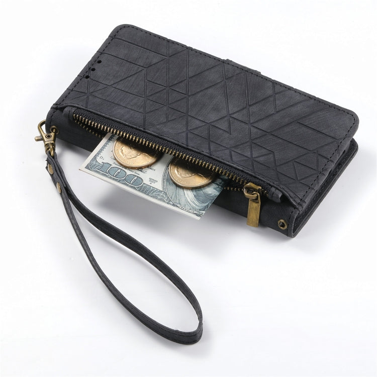 For iPhone 13 Pro Max Geometric Zipper Wallet Side Buckle Leather Phone Case(Black)
