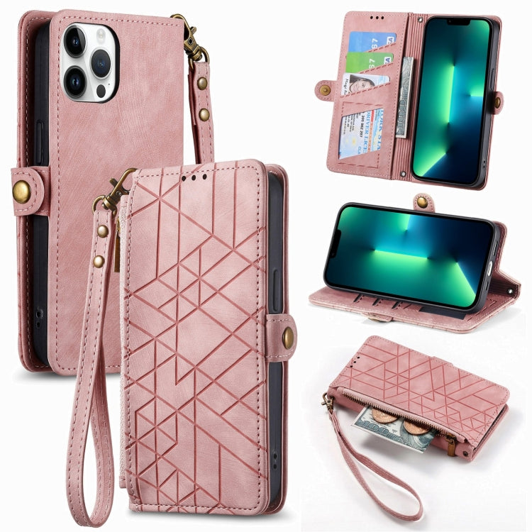 For iPhone 13 Pro Max Geometric Zipper Wallet Side Buckle Leather Phone Case(Pink) - free shipping - PMC TechLife - Order now!