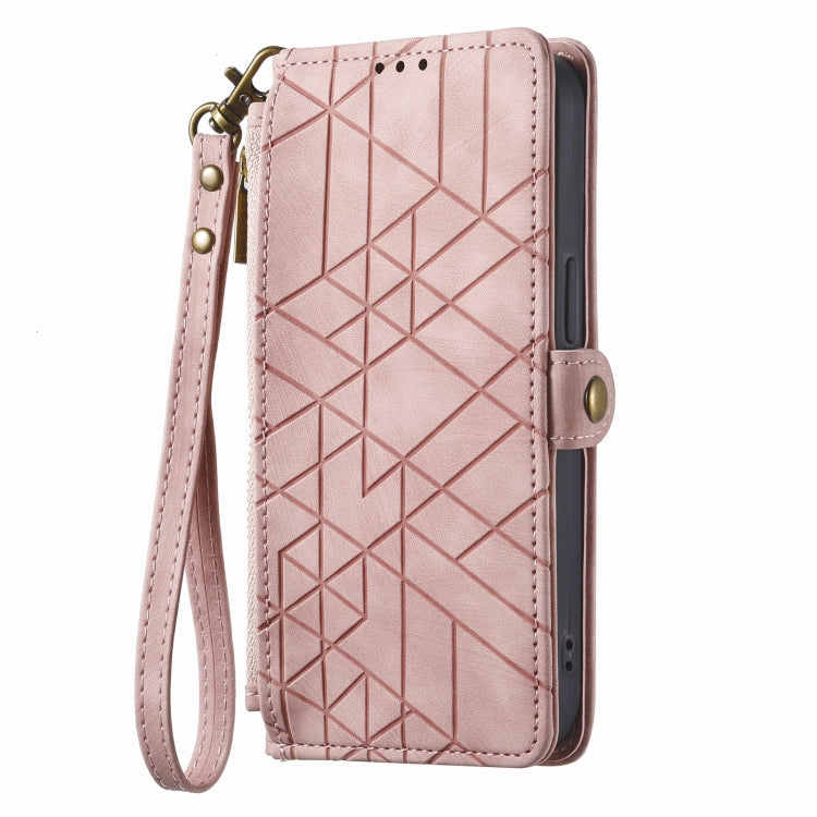 For iPhone 13 Pro Max Geometric Zipper Wallet Side Buckle Leather Phone Case(Pink) - free shipping - PMC TechLife - Order now!