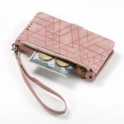 For iPhone 13 Pro Max Geometric Zipper Wallet Side Buckle Leather Phone Case(Pink)