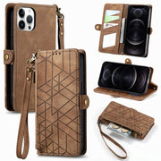 For iPhone 12 / 12 Pro Geometric Zipper Wallet Side Buckle Leather Phone Case(Brown)
