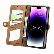 For iPhone 12 / 12 Pro Geometric Zipper Wallet Side Buckle Leather Phone Case(Brown)