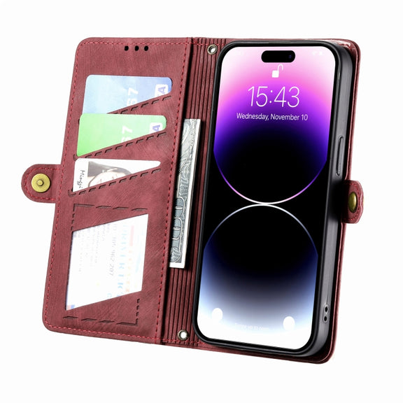 For iPhone 12 / 12 Pro Geometric Zipper Wallet Side Buckle Leather Phone Case(Red)