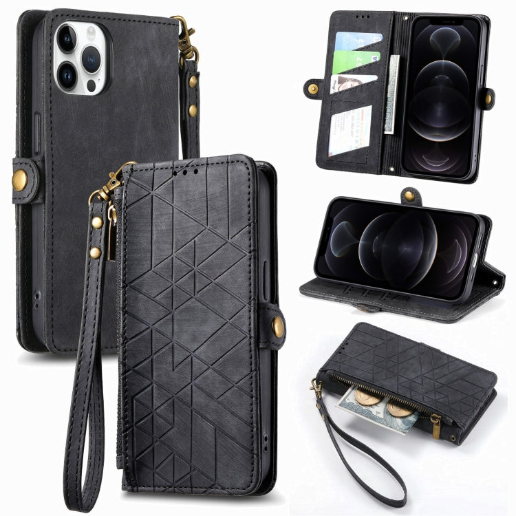 For iPhone 12 / 12 Pro Geometric Zipper Wallet Side Buckle Leather Phone Case(Black) - free shipping - PMC TechLife - Order now!