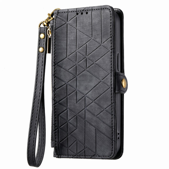 For iPhone 12 Pro Max Geometric Zipper Wallet Side Buckle Leather Phone Case(Black)