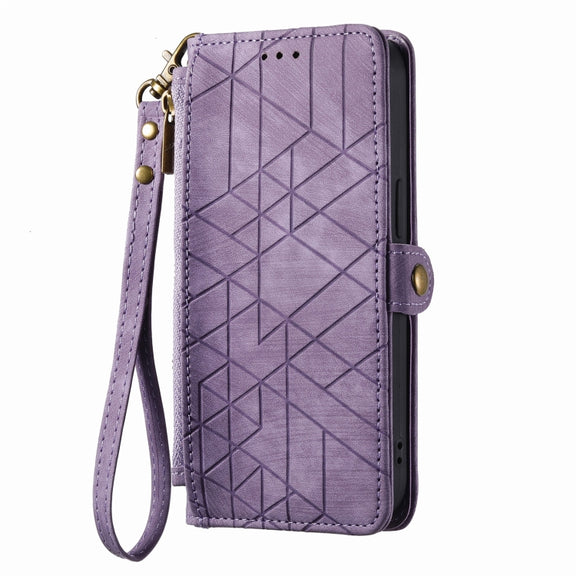 For iPhone 12 Pro Max Geometric Zipper Wallet Side Buckle Leather Phone Case(Purple)