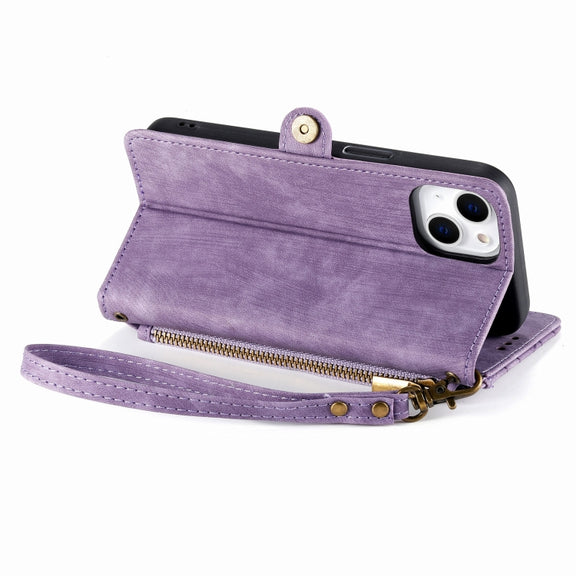For iPhone 12 Pro Max Geometric Zipper Wallet Side Buckle Leather Phone Case(Purple)