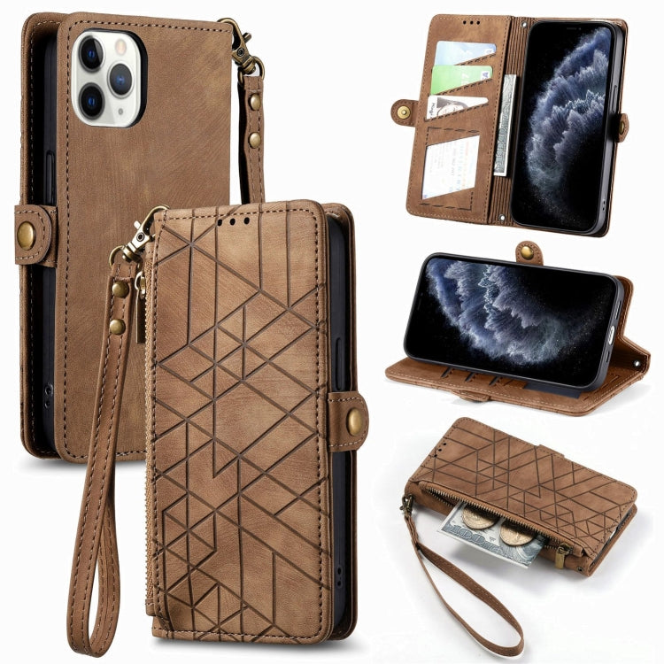 For iPhone 11 Pro Geometric Zipper Wallet Side Buckle Leather Phone Case(Brown) - free shipping - PMC TechLife - Order now!