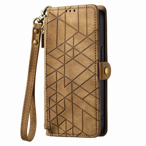 For iPhone 11 Pro Max Geometric Zipper Wallet Side Buckle Leather Phone Case(Brown)