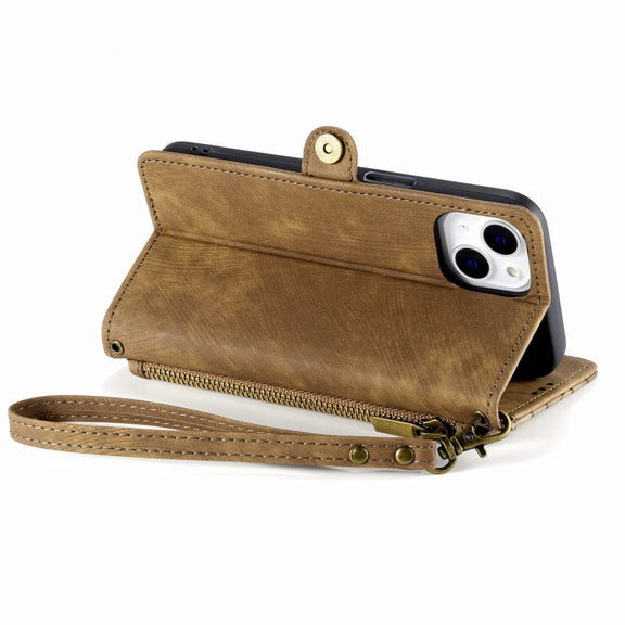 For iPhone 11 Pro Max Geometric Zipper Wallet Side Buckle Leather Phone Case(Brown)
