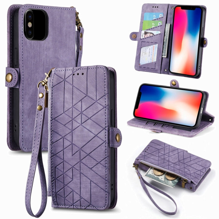 For iPhone X / XS Geometric Zipper Wallet Side Buckle Leather Phone Case(Purple) - free shipping - PMC TechLife - Order now!
