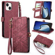 For iPhone 15 Geometric Zipper Wallet Side Buckle Leather Phone Case(Red)