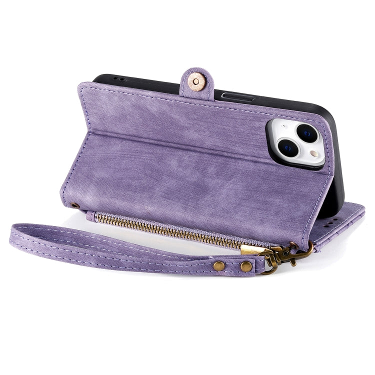 For iPhone 15 Pro Geometric Zipper Wallet Side Buckle Leather Phone Case(Purple)