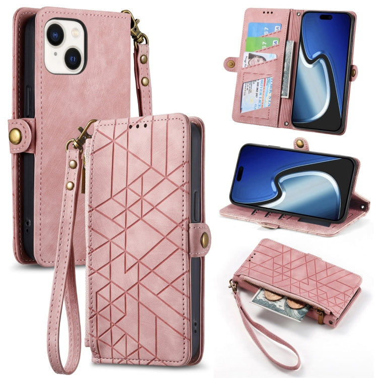 For iPhone 15 Plus Geometric Zipper Wallet Side Buckle Leather Phone Case(Pink) - free shipping - PMC TechLife - Order now!