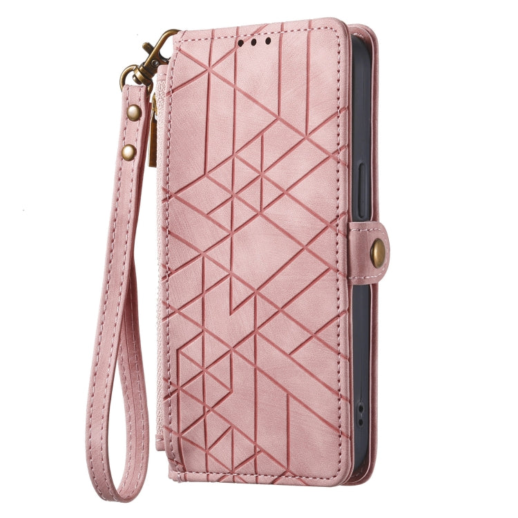 For iPhone 15 Plus Geometric Zipper Wallet Side Buckle Leather Phone Case(Pink) - free shipping - PMC TechLife - Order now!