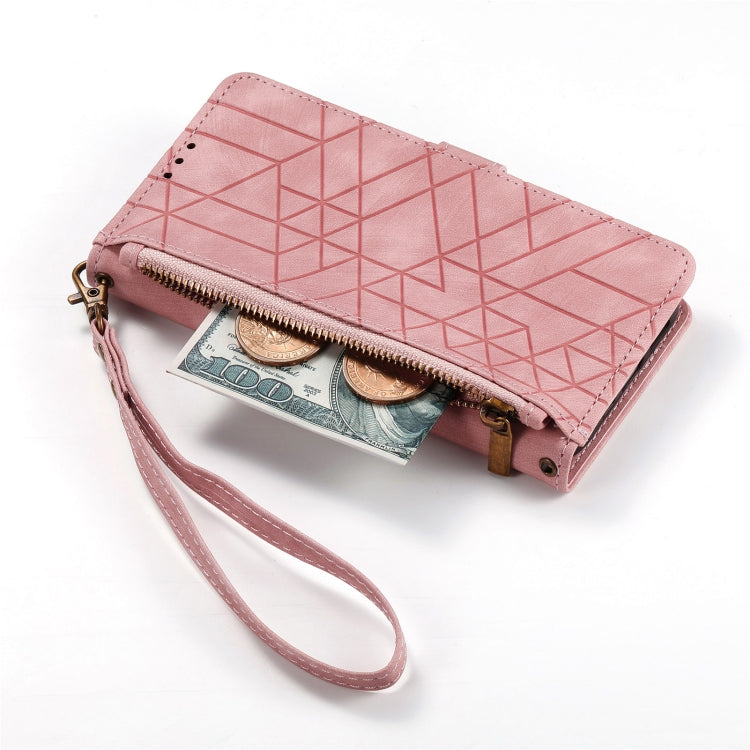 For iPhone 15 Plus Geometric Zipper Wallet Side Buckle Leather Phone Case(Pink) - free shipping - PMC TechLife - Order now!