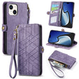 For iPhone 15 Plus Geometric Zipper Wallet Side Buckle Leather Phone Case(Purple) - free shipping - PMC TechLife - Order now!