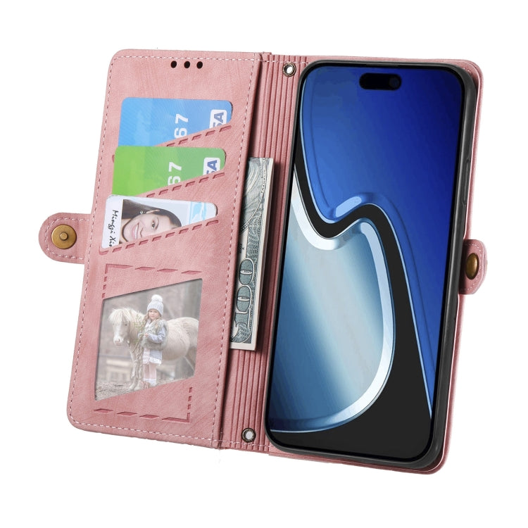 For iPhone 15 Pro Max Geometric Zipper Wallet Side Buckle Leather Phone Case(Pink)