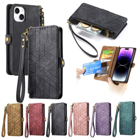 For iPhone 12 / 12 Pro Geometric Zipper Wallet Side Buckle Leather Phone Case(Brown)