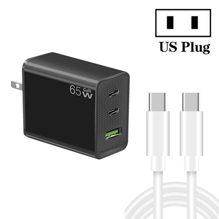 GaN PD65W Type-C x 2 + USB3.0 Charger with Type-C to Type-C Data Cable ,US Plug(Black) - free shipping - PMC Jewellery - Order now!