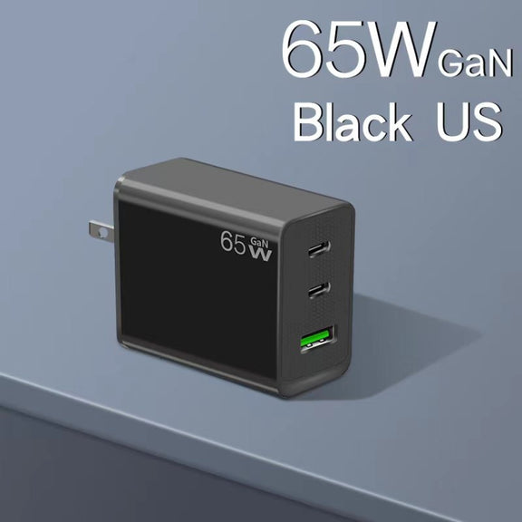 GaN PD65W Type-C x 2 + USB3.0 Charger with Type-C to Type-C Data Cable ,US Plug(Black)