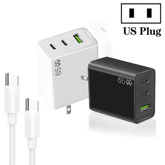 GaN PD65W Type-C x 2 + USB3.0 Charger with Type-C to Type-C Data Cable ,US Plug(White)