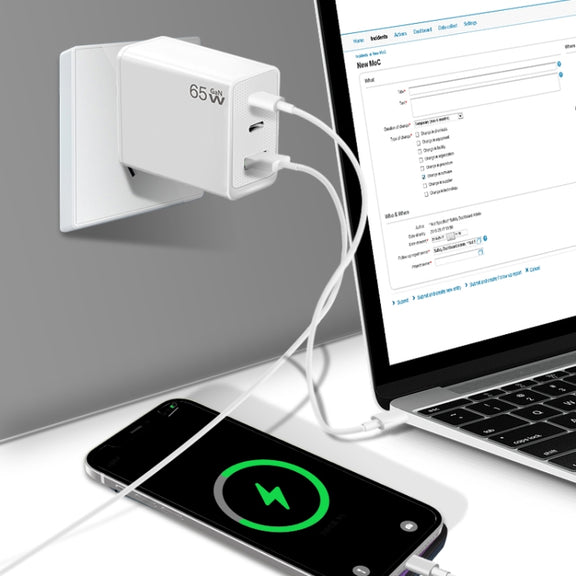 GaN PD65W Type-C x 2 + USB3.0 Charger with Type-C to Type-C Data Cable ,US Plug(White)
