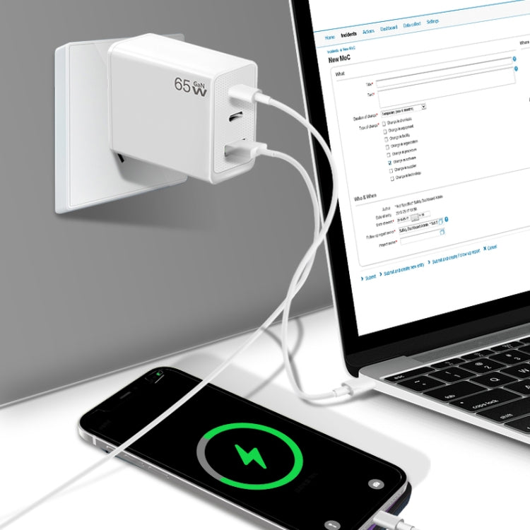 GaN PD65W Type-C x 2 + USB3.0 Charger with Type-C to Type-C Data Cable ,US Plug(White)