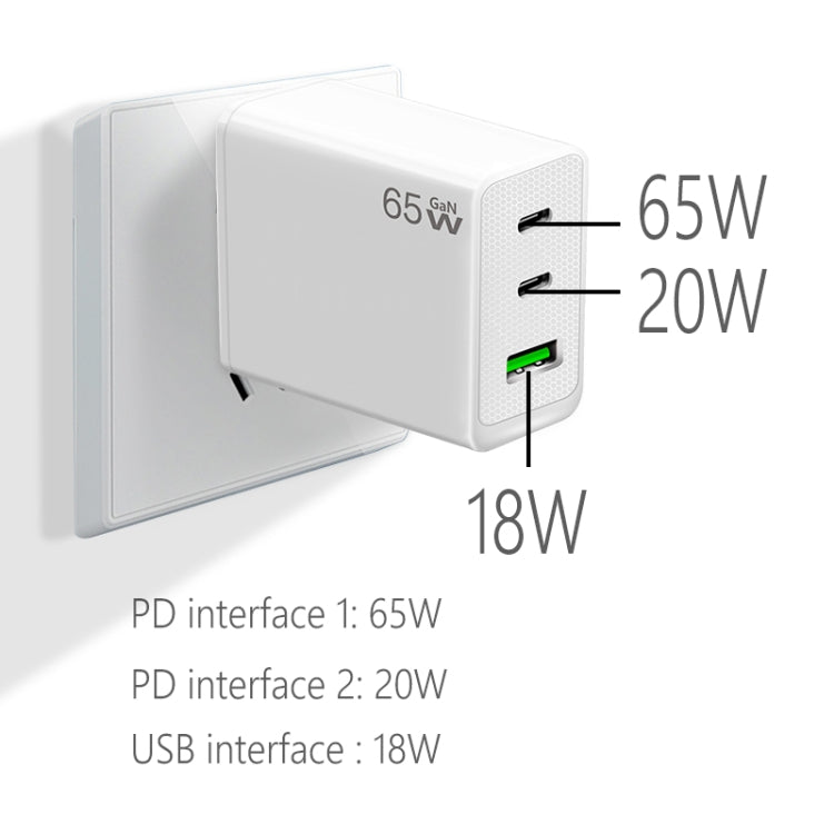 GaN PD65W Type-C x 2 + USB3.0 Charger with Type-C to Type-C Data Cable ,US Plug(White)