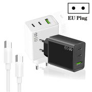 GaN PD65W Type-C x 2 + USB3.0 Charger with Type-C to Type-C Data Cable ,EU Plug(White)