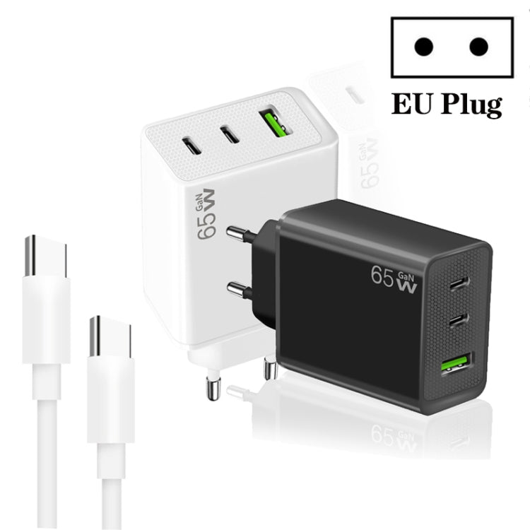 GaN PD65W Type-C x 2 + USB3.0 Charger with Type-C to Type-C Data Cable ,EU Plug(White)