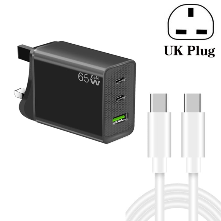 GaN PD65W Type-C x 2 + USB3.0 Charger with Type-C to Type-C Data Cable ,UK Plug(Black) - free shipping - PMC Jewellery - Order now!