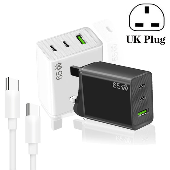 GaN PD65W Type-C x 2 + USB3.0 Charger with Type-C to Type-C Data Cable ,UK Plug(Black)