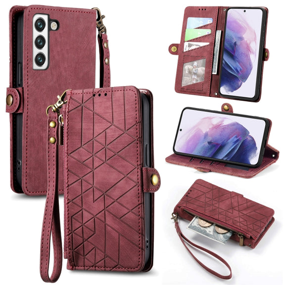 For Samsung Galaxy S23 5G Geometric Zipper Wallet Side Buckle Leather Phone Case(Red)