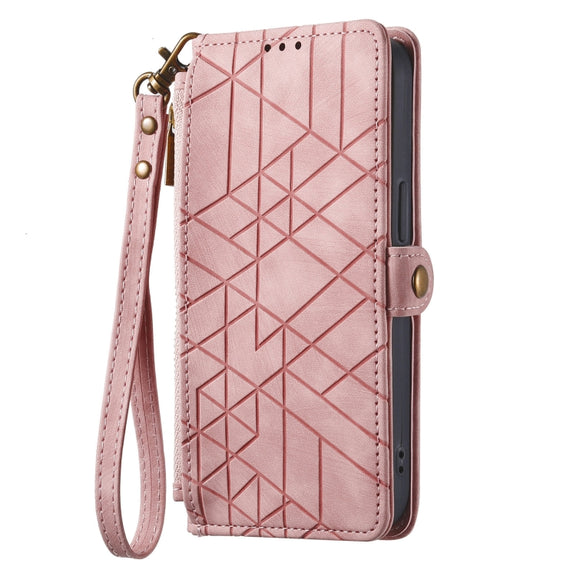 For Samsung Galaxy S23 Ultra 5G Geometric Zipper Wallet Side Buckle Leather Phone Case(Pink)