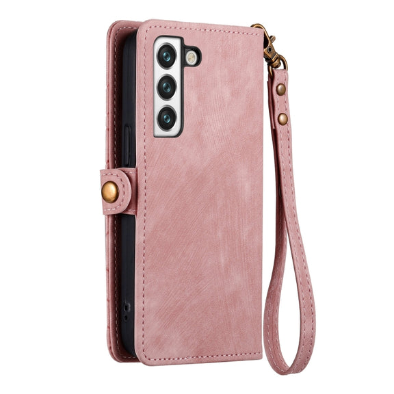For Samsung Galaxy S23 Ultra 5G Geometric Zipper Wallet Side Buckle Leather Phone Case(Pink)
