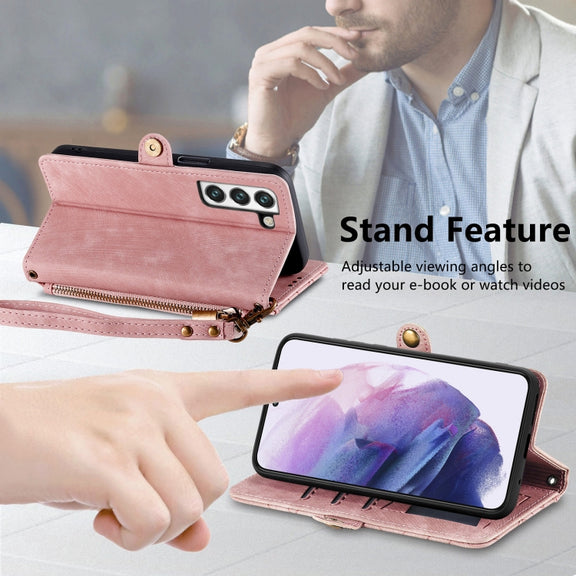 For Samsung Galaxy S23 Ultra 5G Geometric Zipper Wallet Side Buckle Leather Phone Case(Pink)