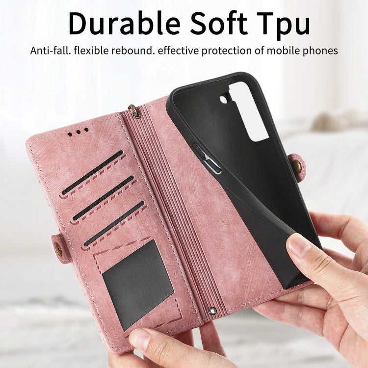 For Samsung Galaxy S23 Ultra 5G Geometric Zipper Wallet Side Buckle Leather Phone Case(Pink)