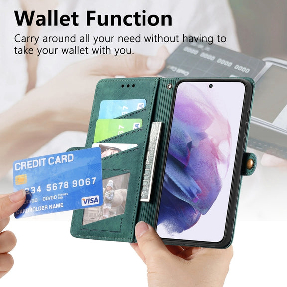 For Samsung Galaxy S23 Ultra 5G Geometric Zipper Wallet Side Buckle Leather Phone Case(Green)