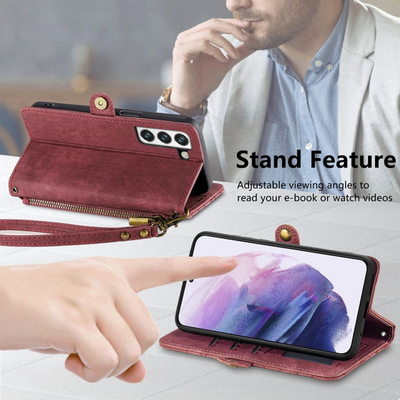 For Samsung Galaxy S23 Ultra 5G Geometric Zipper Wallet Side Buckle Leather Phone Case(Red)