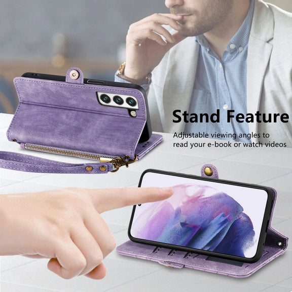 For Samsung Galaxy S23 Ultra 5G Geometric Zipper Wallet Side Buckle Leather Phone Case(Purple)