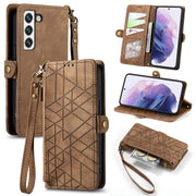 For Samsung Galaxy S23 Ultra 5G Geometric Zipper Wallet Side Buckle Leather Phone Case(Brown)