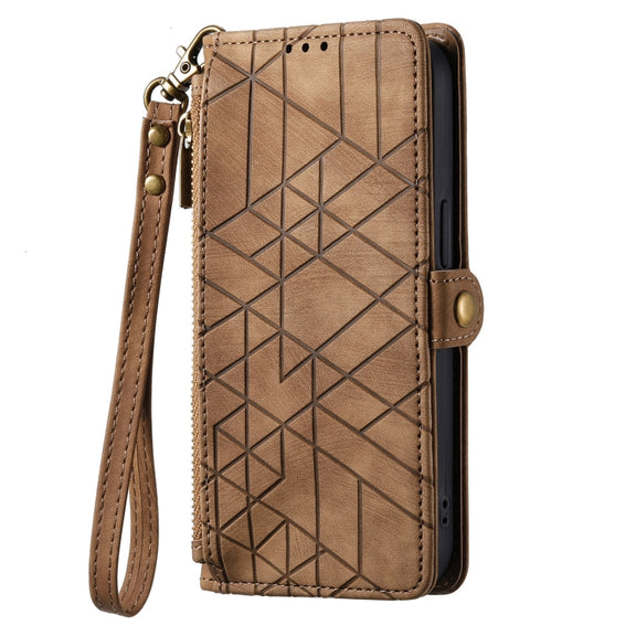 For Samsung Galaxy S23 Ultra 5G Geometric Zipper Wallet Side Buckle Leather Phone Case(Brown)