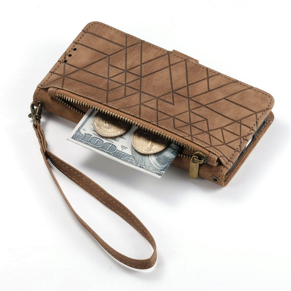 For Samsung Galaxy S23 Ultra 5G Geometric Zipper Wallet Side Buckle Leather Phone Case(Brown)