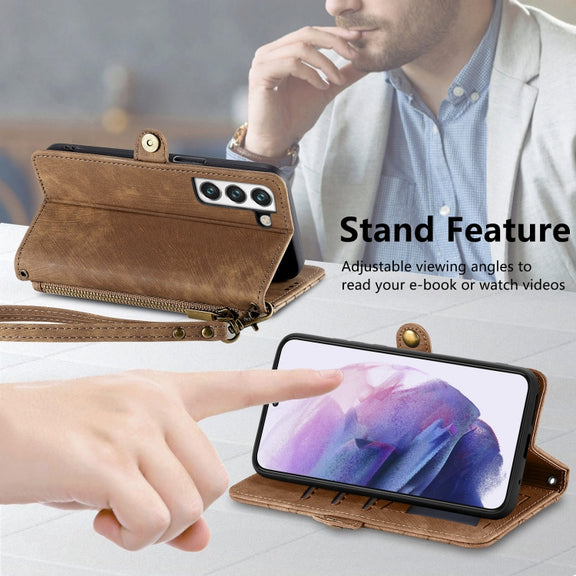 For Samsung Galaxy S23 Ultra 5G Geometric Zipper Wallet Side Buckle Leather Phone Case(Brown)