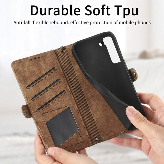 For Samsung Galaxy S23 Ultra 5G Geometric Zipper Wallet Side Buckle Leather Phone Case(Brown)
