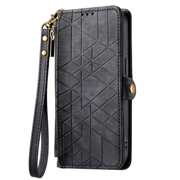 For Samsung Galaxy S23 Ultra 5G Geometric Zipper Wallet Side Buckle Leather Phone Case(Black)