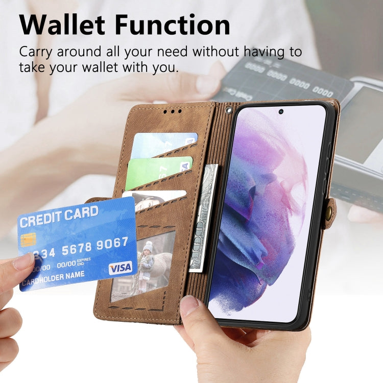For Samsung Galaxy S22 5G Geometric Zipper Wallet Side Buckle Leather Phone Case(Brown) - free shipping - PMC TechLife - Order now!