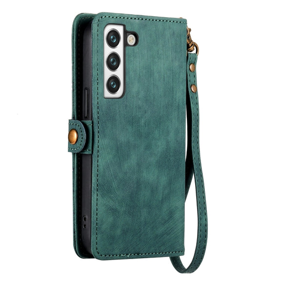 For Samsung Galaxy S22 Ultra 5G Geometric Zipper Wallet Side Buckle Leather Phone Case(Green)